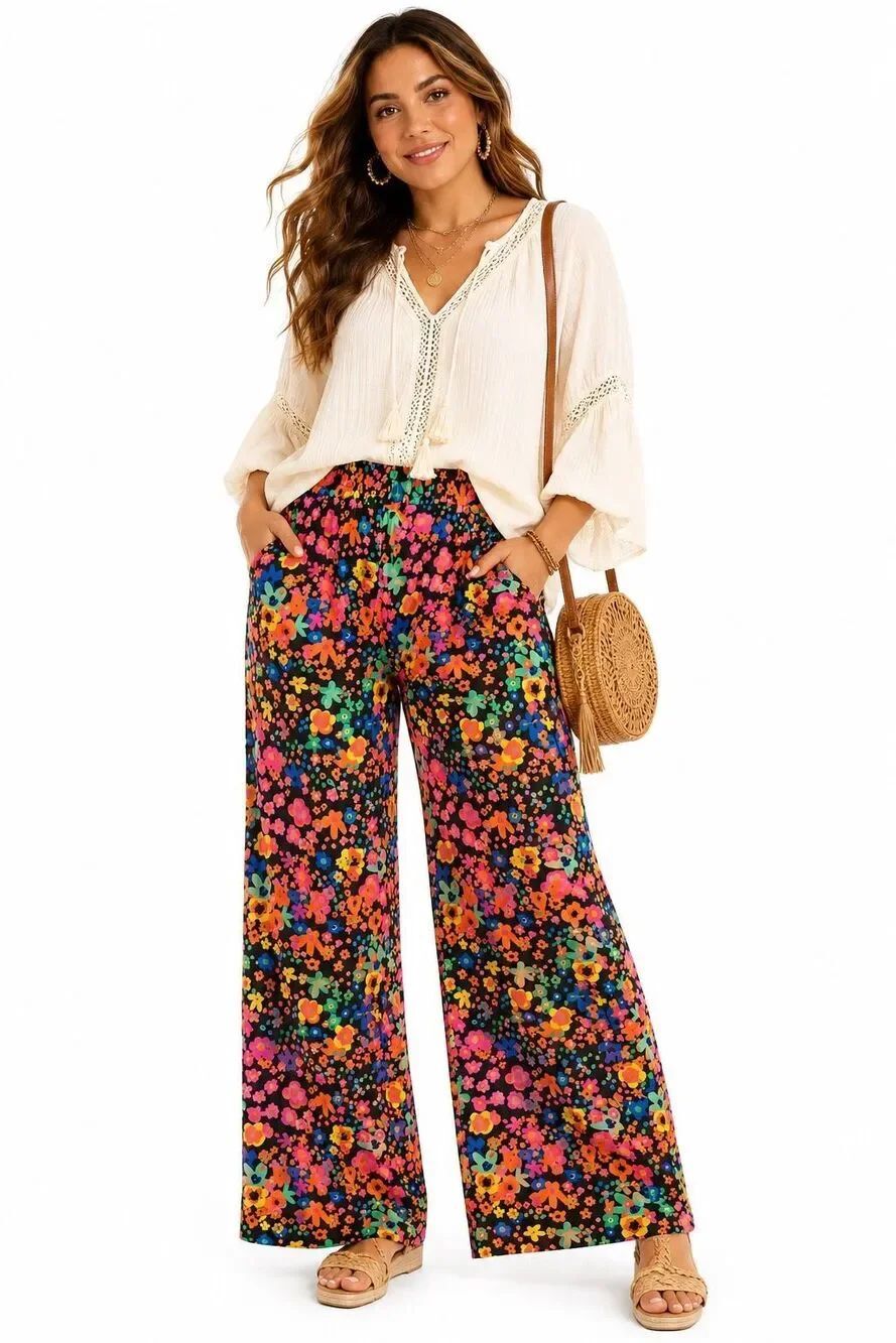 RD Style High Rise Floral Wide Leg Pull On Pants Large Dopamine Dressing
